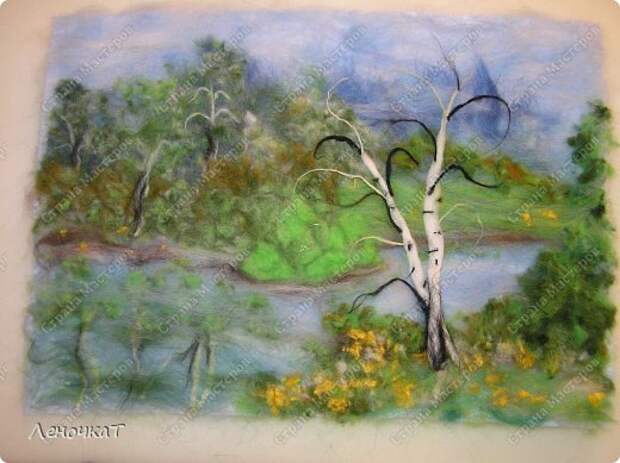 Картина панно рисунок Мастер-класс Валяние фильцевание Берёзовая роща у реки Шерсть фото 17