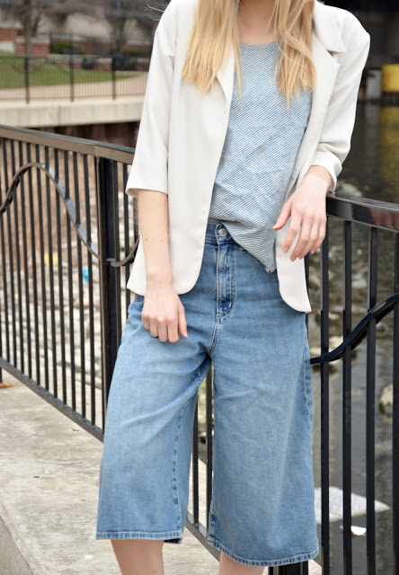denim, culottes, denim culottes, white blazer, denim on denim, how to wear denim, spring style