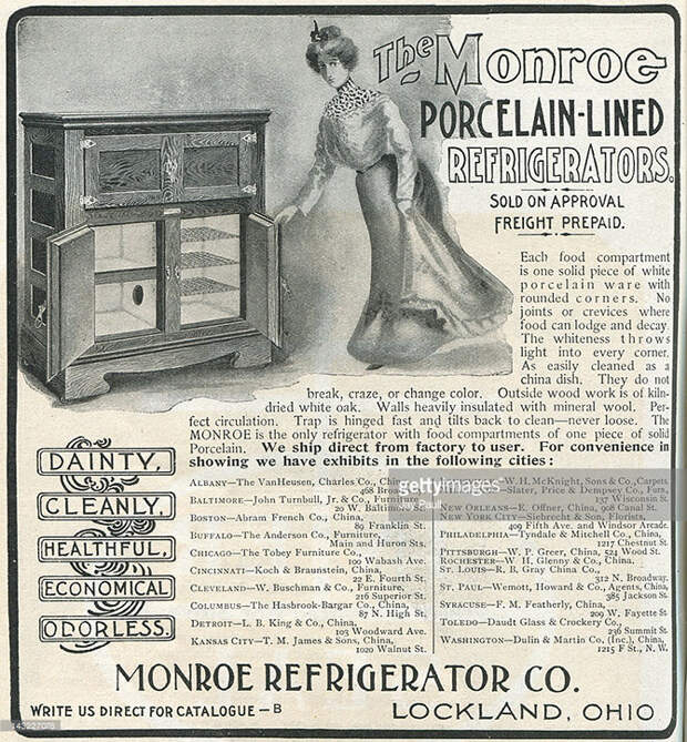 Реклама холодильных шкафов Monroe, 1901. америка, история, реклама
