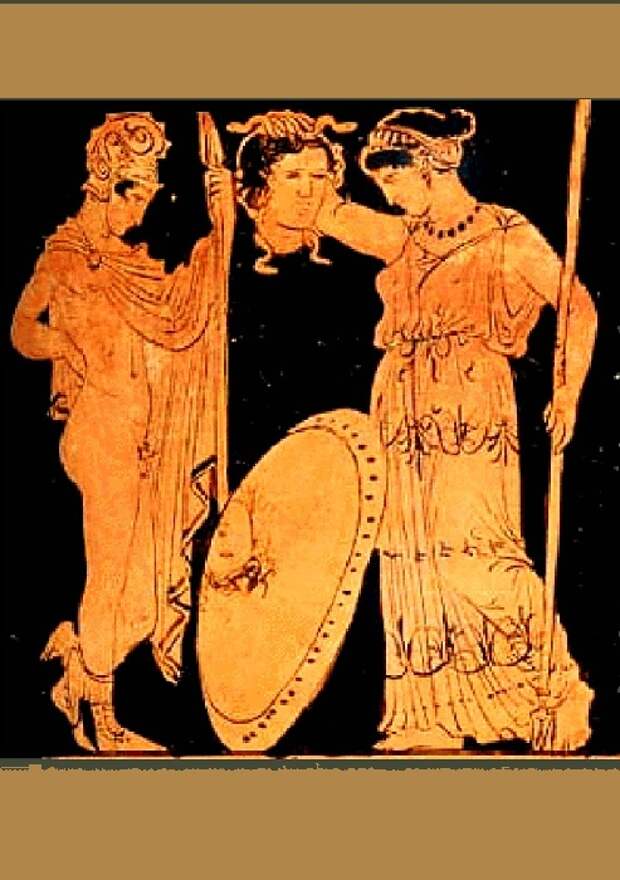 Античная ваза. «Персей передает Афине голову Медузы горгоны».