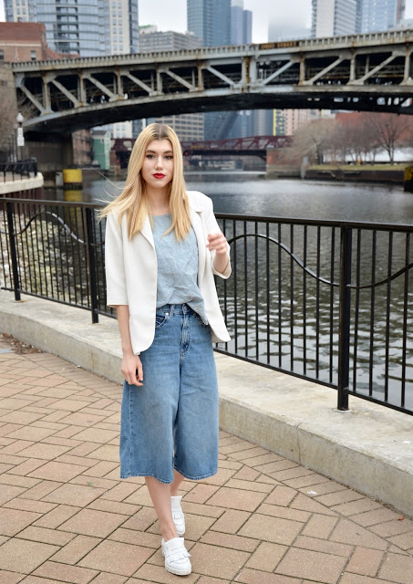 denim, culottes, denim culottes, white blazer, denim on denim, how to wear denim, spring style