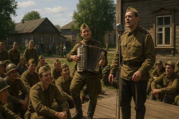 Лето 1943 года, освобождённый городок. На площади фронтовой концерт: солдаты Красной Армии сидят и стоят вокруг небольшой деревянной сцены. На сцене гармонист и певец исполняют «Случайный вальс».