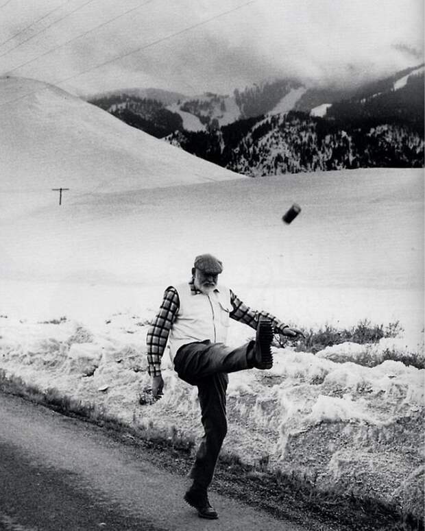 Ernest Hemingway kicking a can in 1959