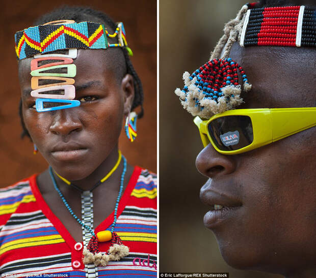 Вслед за заколками для волос среди аборигенов стали популярны солнечные очки, которые появились на рынках в долине Омо несколько лет назад. Очки, сделанные в Китае, носят как мужчины, так и женщины. 
