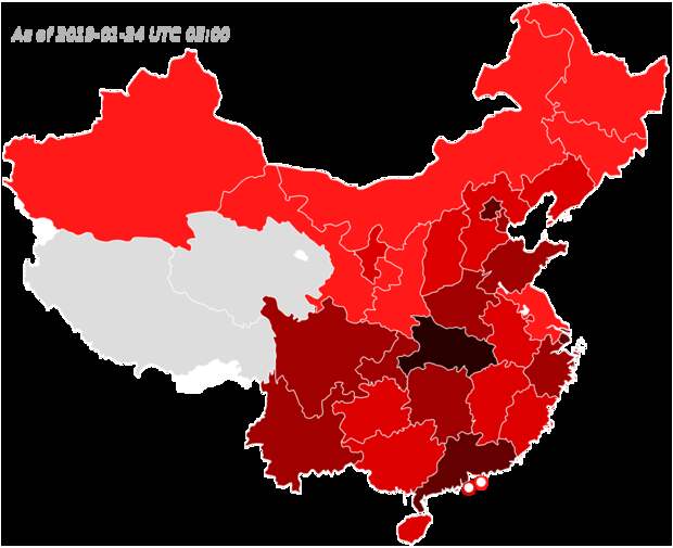Карта распространения нового коронавируса 2019 года по регионам Китая. Черным показаны регионы распространения на 11 января 2020 года, более светлыми оттенками — на 20, 21, 22 и 23 января (чем позже, тем светлее). Географически распространение выглядит очень быстрым / ©Wikimedia Commons