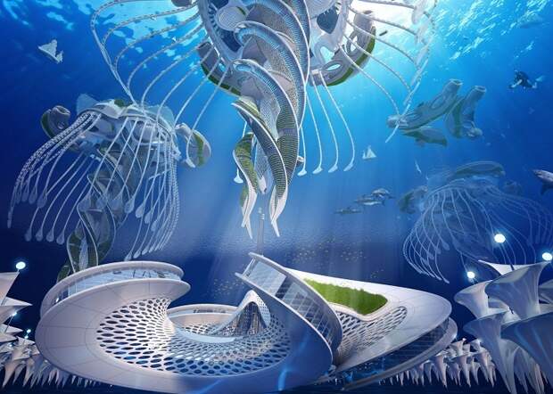 Концепт-арт подводного города, полностью сделанного на 3D принтере