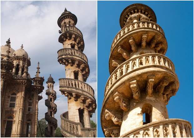 Главным украшением минаретов величественной гробницы Bahauddin Ka Maqbara стали винтовые лестницы, уходящие в небеса (Джунагадх, Гуджарат). Главным украшением минаретов величественной гробницы Bahauddin Ka Maqbara стали винтовые лестницы, уходящие в небеса (Джунагадх, Гуджарат).