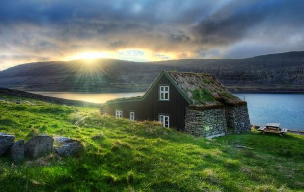 Трава на крыше в Суйявике, Исландия. Травяные и дерновые крыши были традиционным исландским архитектурным стилем еще во времена викингов. зелёные крыши, экологичный дом