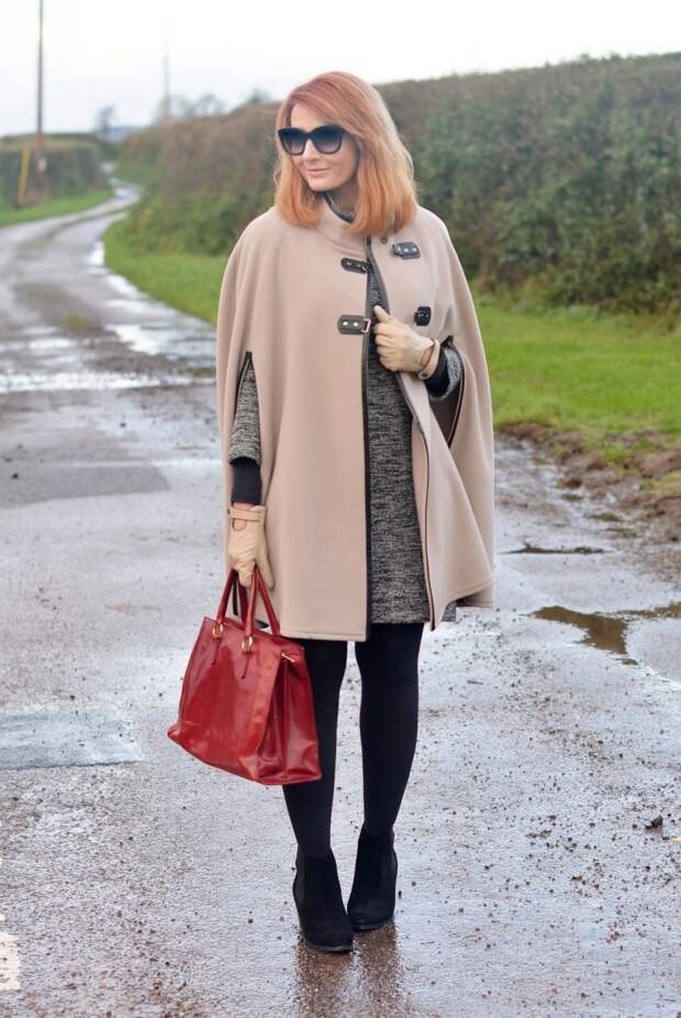 Winter Style | Camel cape, sweater dress, red tote, black tights
