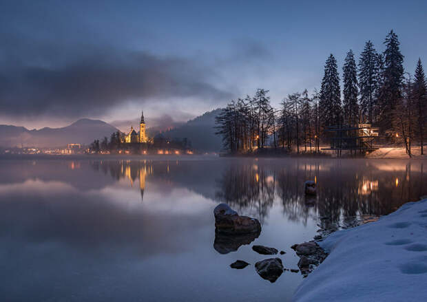 Раннее утро на Бледском озере бледское озеро, зима, озеро, словения