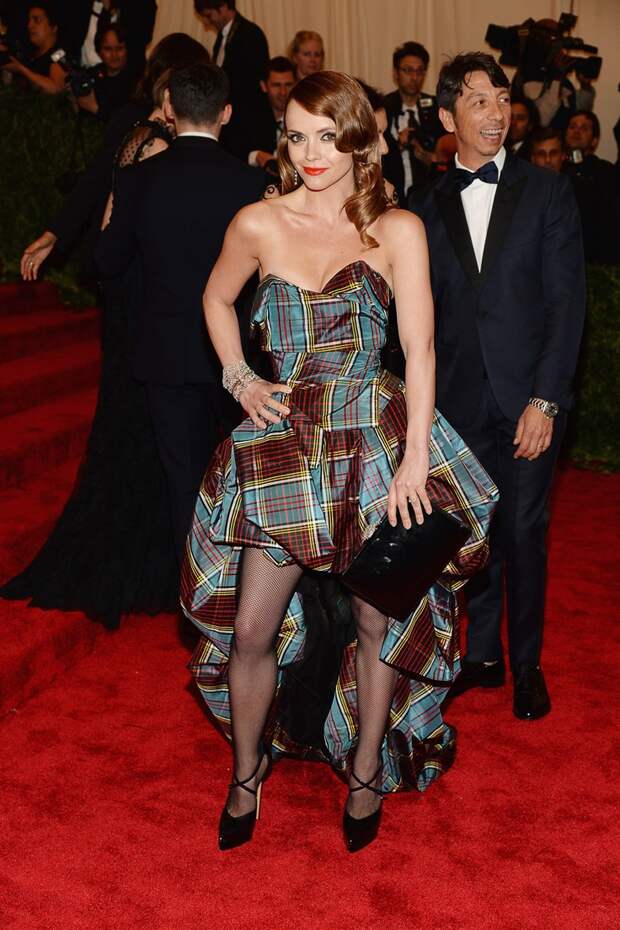 The actress certainly kept on theme with a plaid Vivenne Westwood, but were not sure about those fishnet tights