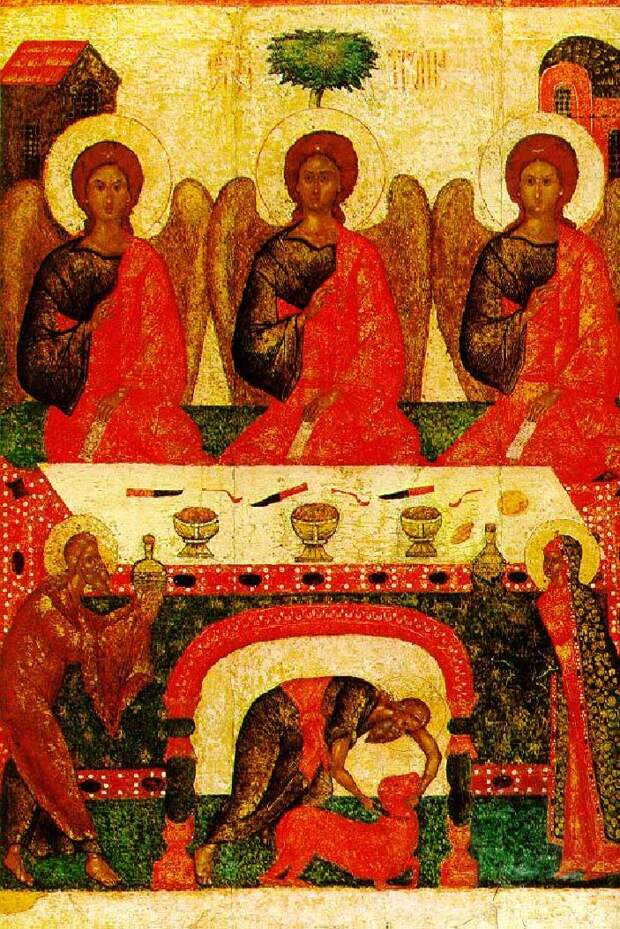 Псковская икона XV в. Явление Святой Троицы в виде трех Ангелов праотцу Аврааму