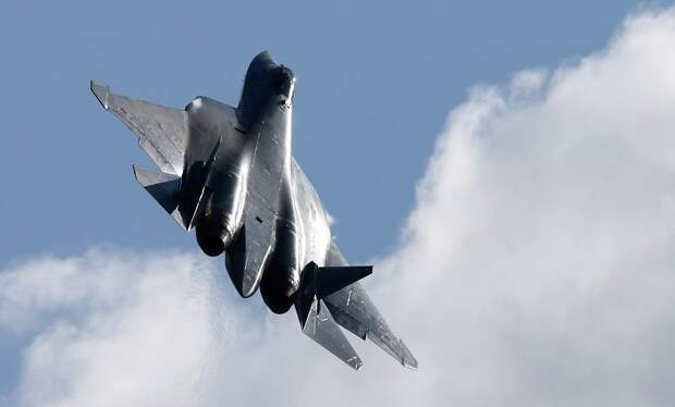 Истребитель Су-57 во время демонстрационного полета - Фото: Марина Лысцева/ТАСС