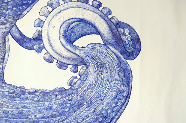 Художник потратил 1 год, чтобы нарисовать огромного осьминога, используя лишь шариковые ручки осьминог, художник