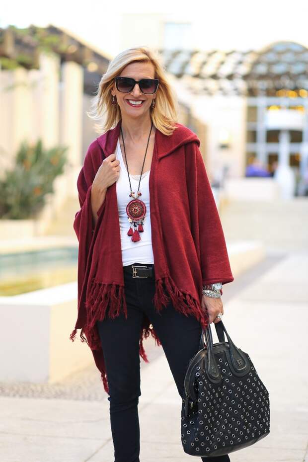 Jacket-Society-Merlot Hooded Poncho With Fringe-9710