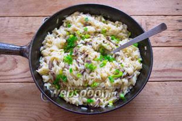 Откорректируйте вкус, добавив немного соли и чёрного молотого перца. Добавьте зелёный лук. Перемешайте. Блюдо готово.