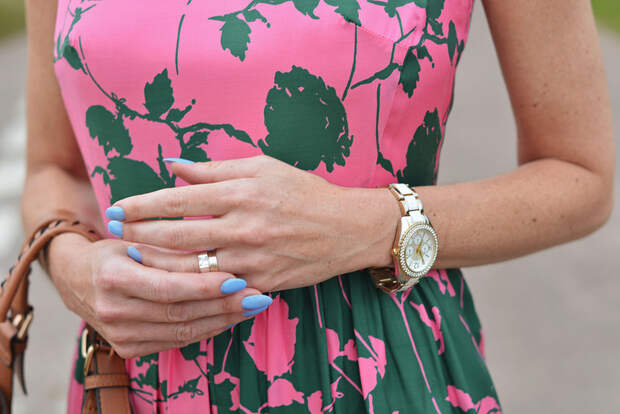 Boden pink/green floral dress, blue manicure