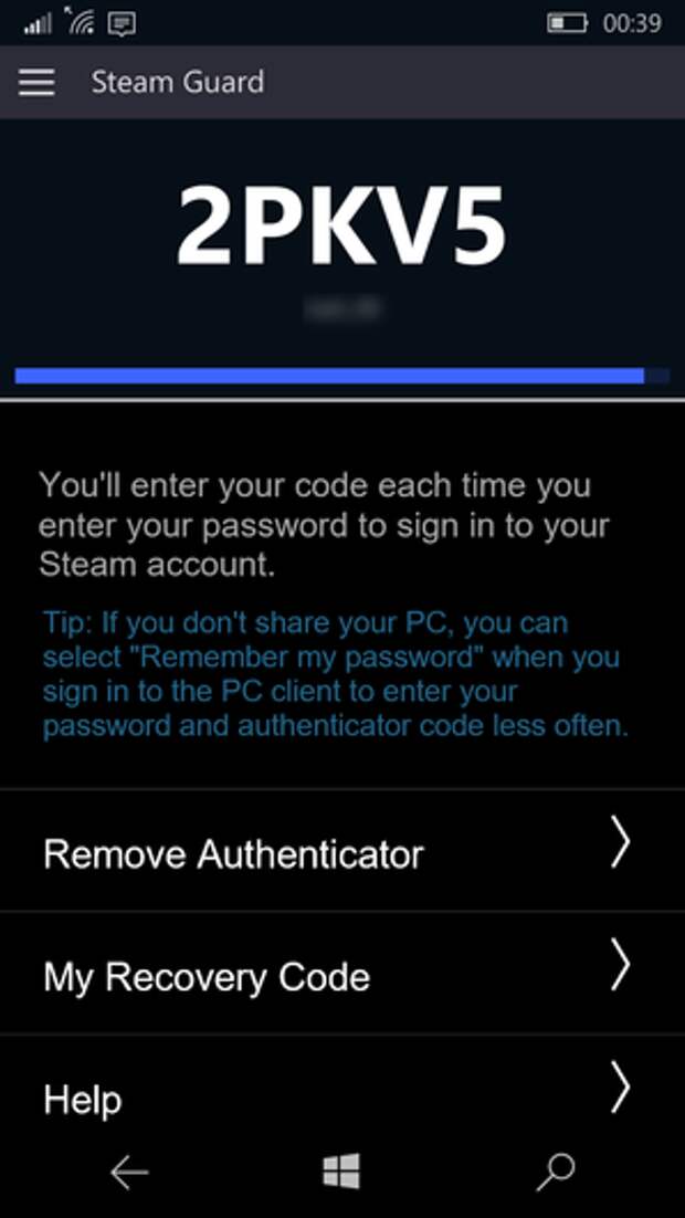 Steam для Window 10 Mobile: аутентификатор