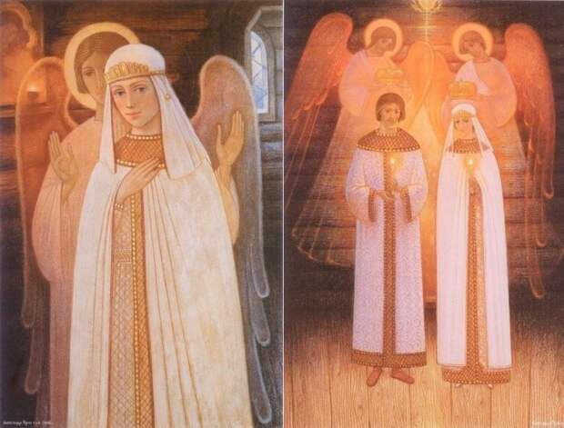 А. Простев. Слева – Феврония невеста. Справа – Венчание князя Петра и Февронии