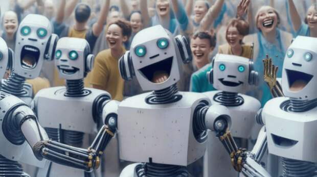 Как нейросети влияют на экономику? Безумно странная картинка, сгенерированная по запросу «роботы радуются потому что отобрали работу у людей». Как нейросети влияют на экономику? Безумно странная картинка, сгенерированная по запросу «роботы радуются потому что отобрали работу у людей». Фото.