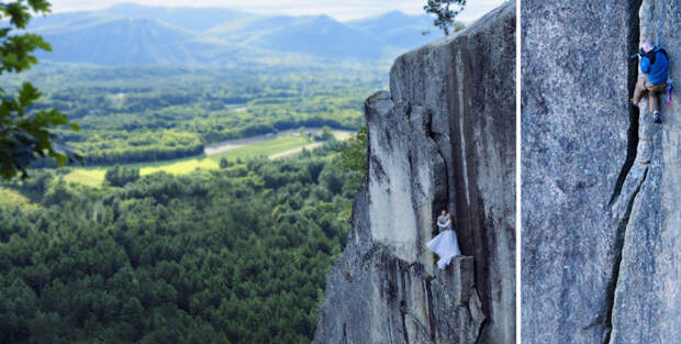 Экстремальная свадебная фотосессия на небольшом уступе скалы на высоте 100 метров свадьба, скала, фотосессия