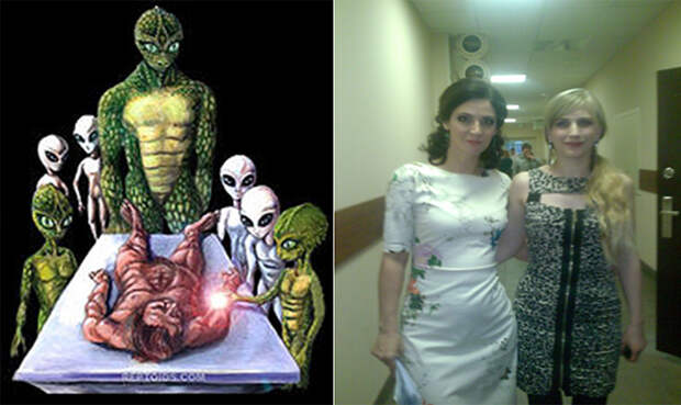 На изображении слева - рептилоиды и их биороботы, серые гуманоиды. На фотографии справа - ведущая программы «Дело-Икс» на телеканале «Россия-1» Лидия Велижева и Мария Сорокоумова