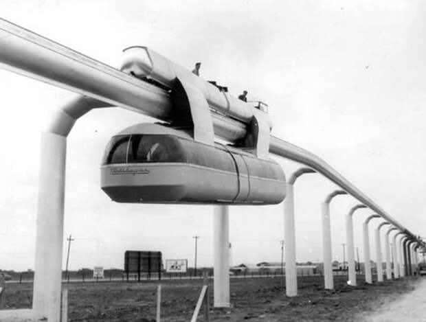 Monorail, Inc. разместила эту демонстрационную линию в парке Arrowhead в Хьюстоне в 1956 году вагоны, железнодорожные, изобретения, поезда, рельсы, факты, фантазии