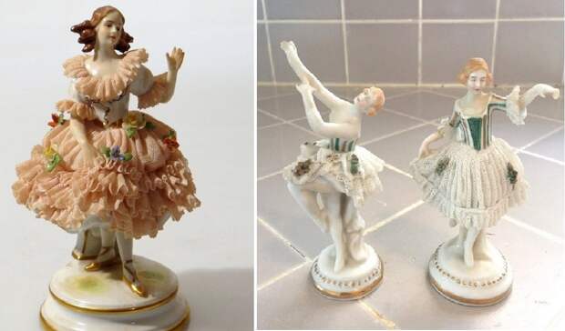 Antique Pair Porcelain Lace Ballet Figurines E&A Muller Volkstedt Dresden