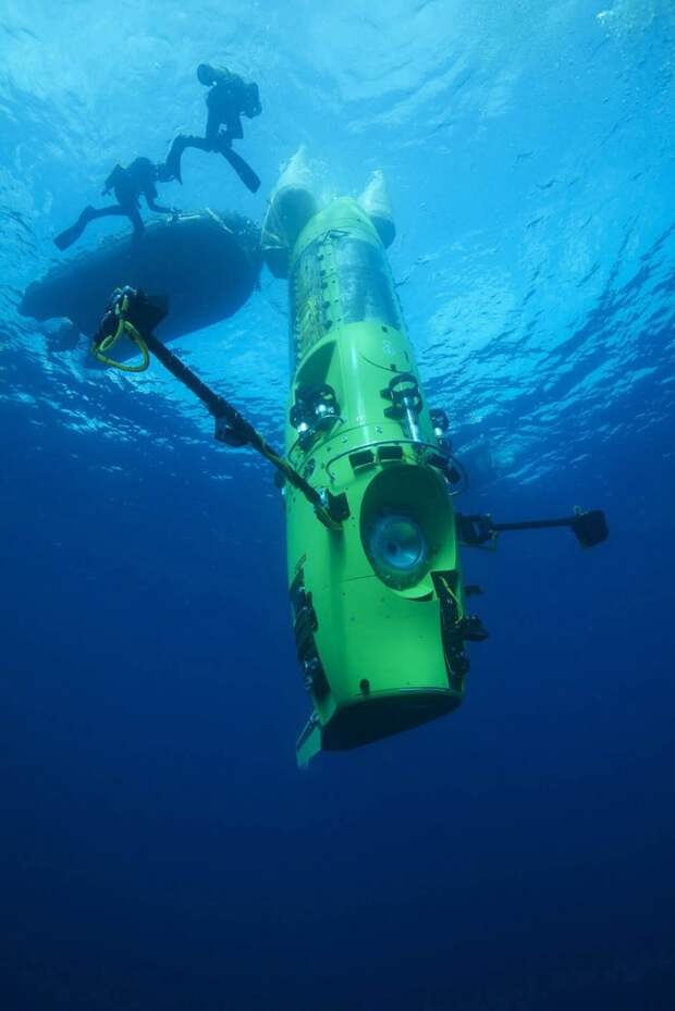 Handout photo of the Deepsea Challenger submersible beginning its first test dive off the coast of Papua New Guinea