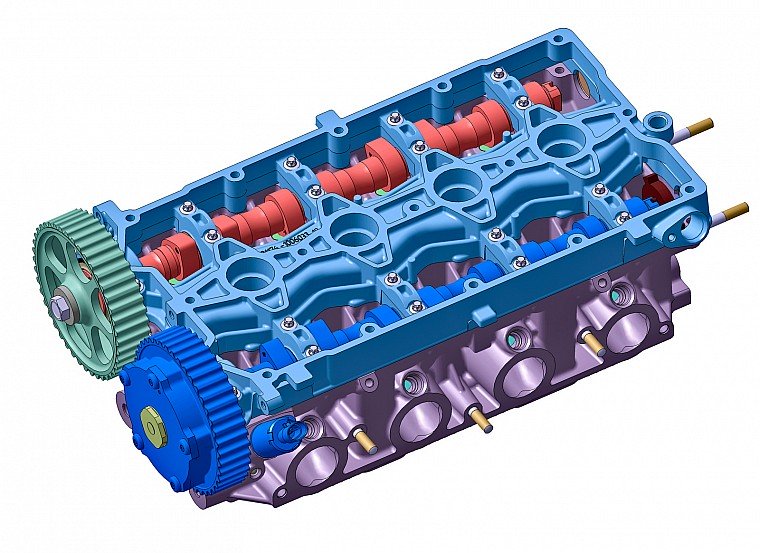 Головка блока цилиндров. Распределительные 3 валы сделаны в Корее. Хорошо видны задающий диск и датчик фаз, позволяющие отслеживать положение впускного вала.