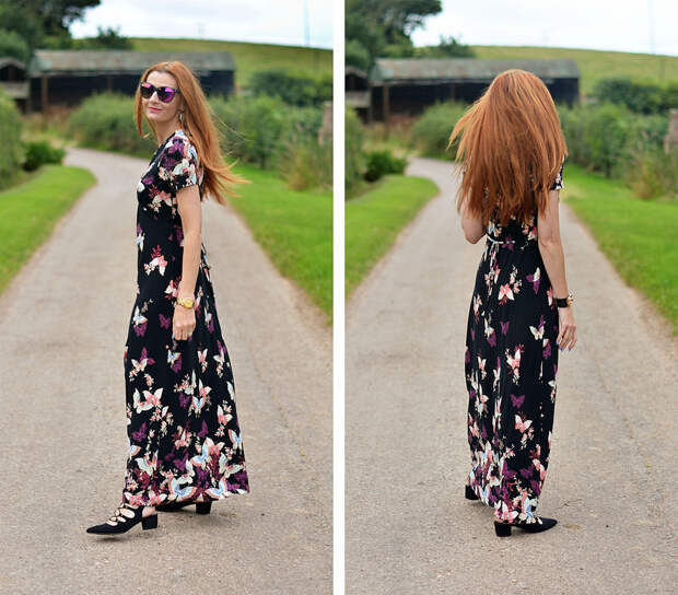 Butterfly print maxi dress, black lace-up shoes