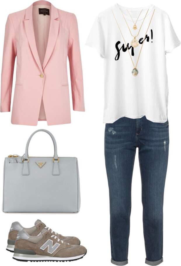 BLUSH BLAZER / WHITE STATEMENT SHIRT / 3-TIER GOLD NECKLACE / DARK-WASH JEANS / GRAY LEATHER TOTE BAG / GRAY SNEAKERS