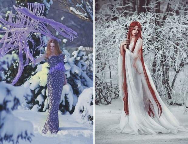 зимняя фотосессия в лесу девушек в платье