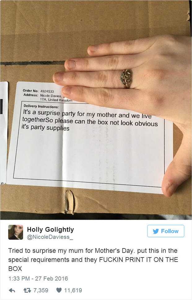 Tried To Surprised My Mum For Mother's Day. Put This In The Special Requirements And They F***in Print It On The Box