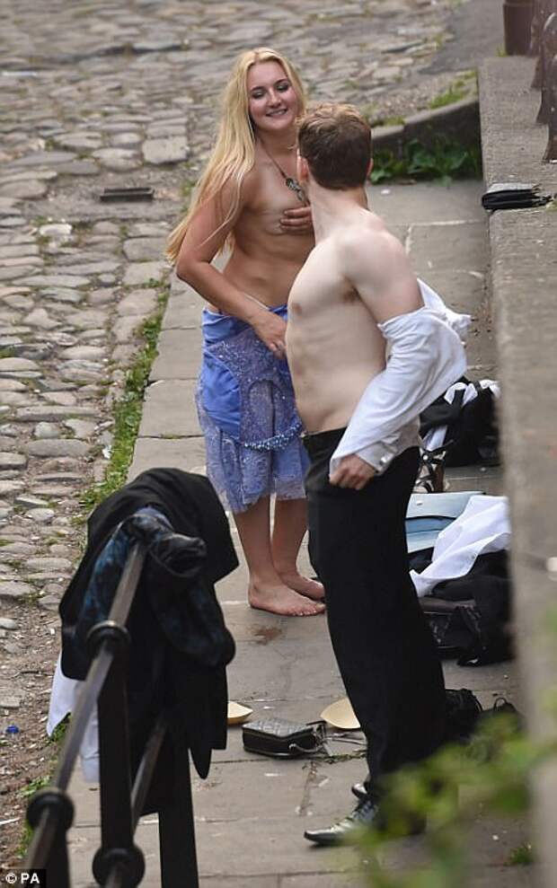 Bleary-eyed guests strip off before taking the plunge - after they stayed up all night and supping on oysters and scallops