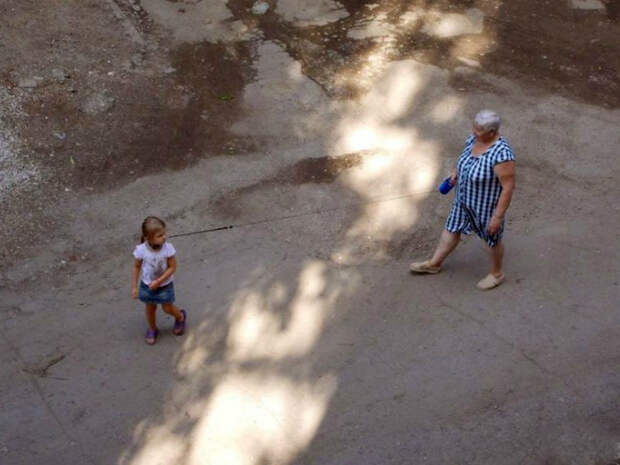 Заботливая бабушка выгуливает внучку на поводке, чтоб не убежала. Заботливая бабушка выгуливает внучку на поводке, чтоб не убежала.