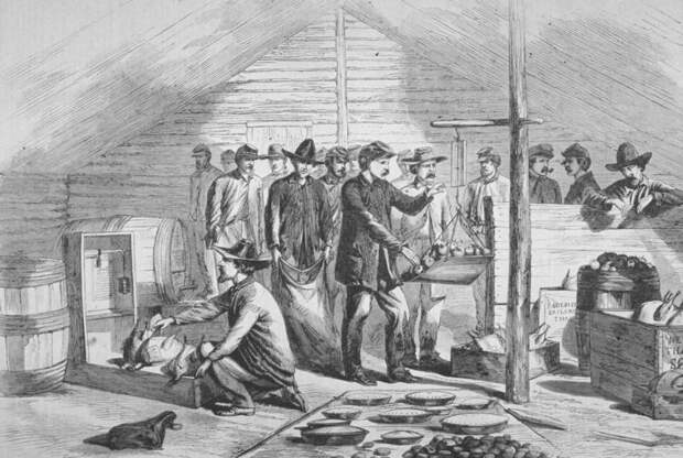 Union troops of 5th and 9th Corps receiving Thanksgiving rations during the American Civil War, c. 1864.