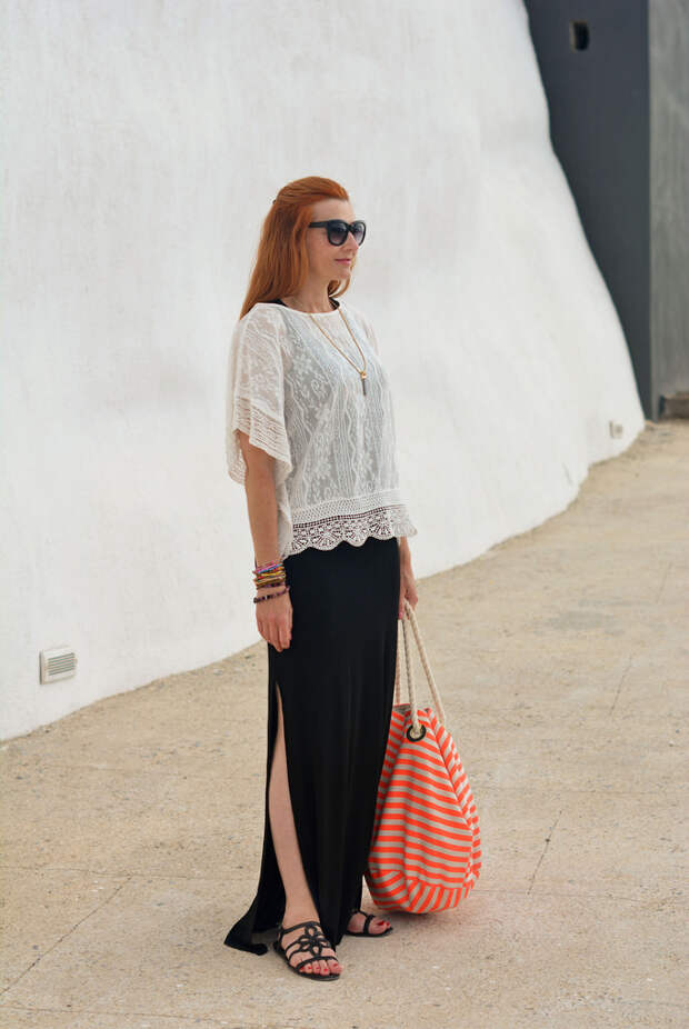 White lace top, black maxi | Not Dressed As Lamb summer style