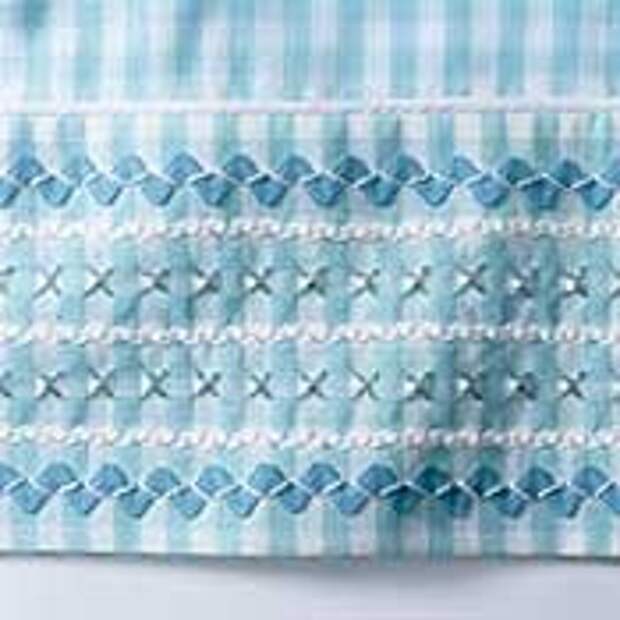 embroidered rows of cross stitch alternated with rick rack on blue gingham.  Very unique