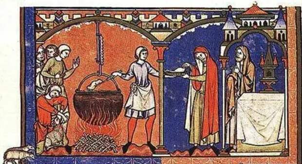 Средневековая гравюра иллюстрирующая процесс. Святые отцы передают грюйт пивоварам.