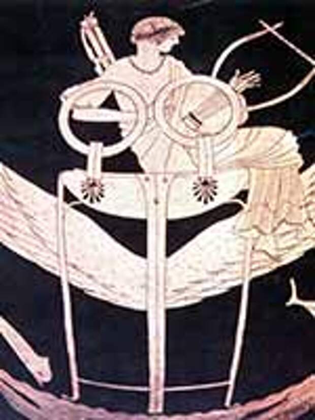 Аполлон, летящий на крылатом триподе. Греческая ваза. 490 г до н.э.