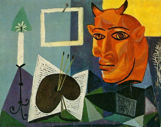 Пабло Пикассо. Натюрморт со свечой, палитрой и рогатой головой минотавра. 1938 год