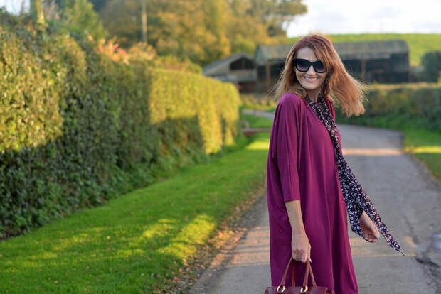 Magenta cocoon dress, floral neck scarf | Not Dressed As Lamb