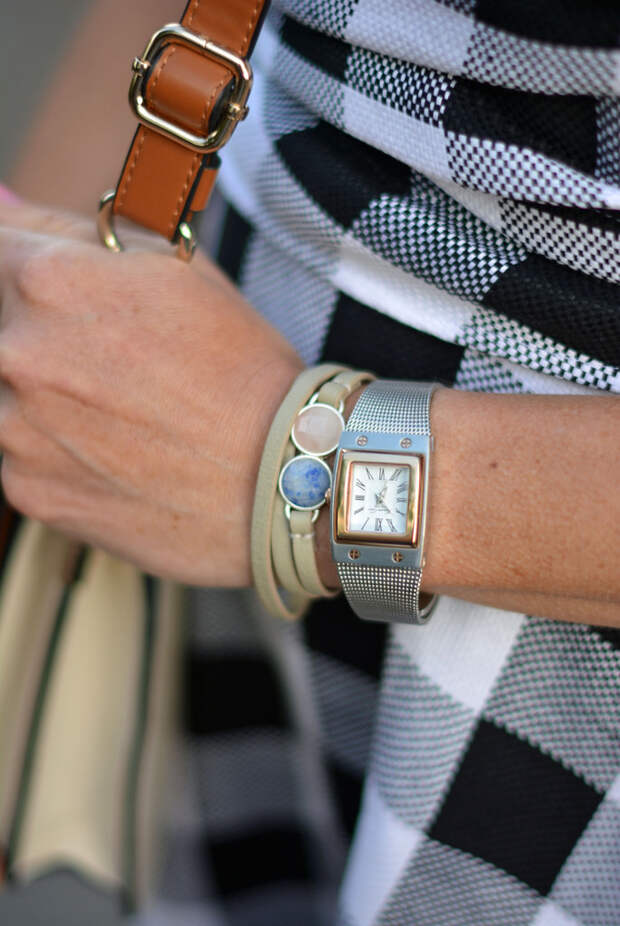 Not Dressed As Lamb | Fit-and-flare black and white gingham dress, silver arm candy