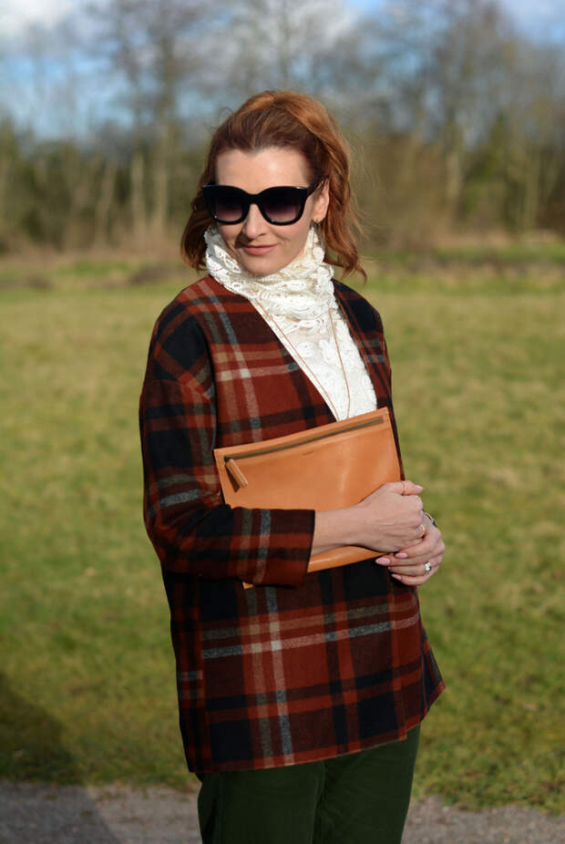 White lace roll neck, plaid jacket, army green trousers