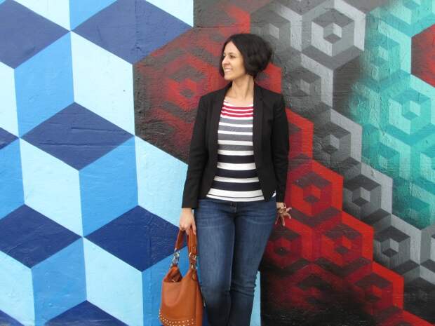 Striped top, black blazer and jeans Striped top, black blazer and jeans