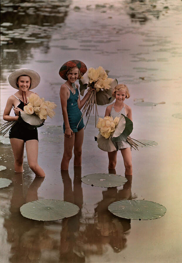 28. Девочки стоят в воде, держа в руках букеты из желтого лотоса. Амана, Айова, ноябрь 1938 national geographic, история, природа, фотография