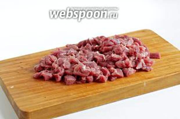 Мясо нарезать самыми мелкими кусочками, чем мельче, тем лучше.