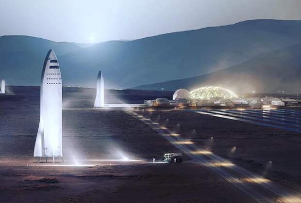 Корабль BFR на Марсе (в представлении художника)