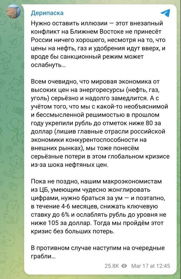 Для минимизации потерь от кризиса ЦБ нужно ослаблять рубль до 105 за доллар и снижать ключевую ставку до 6% в течение 6 месяцев, считает миллиардер Де...